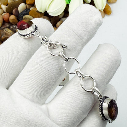 Handcrafted Faceted Ammolite Oval Bracelet: Sterling Silver 925 Adjustable Chain Gift For Her.