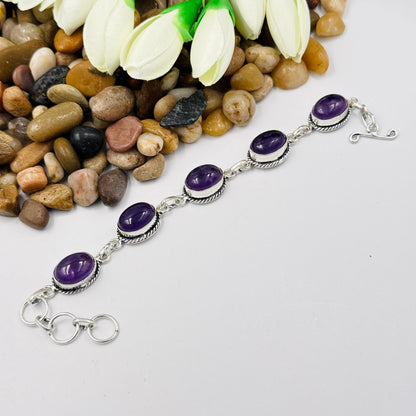 Handmade Amethyst Bracelet | 925 Sterling Silver Oval Adjustable Bracelet