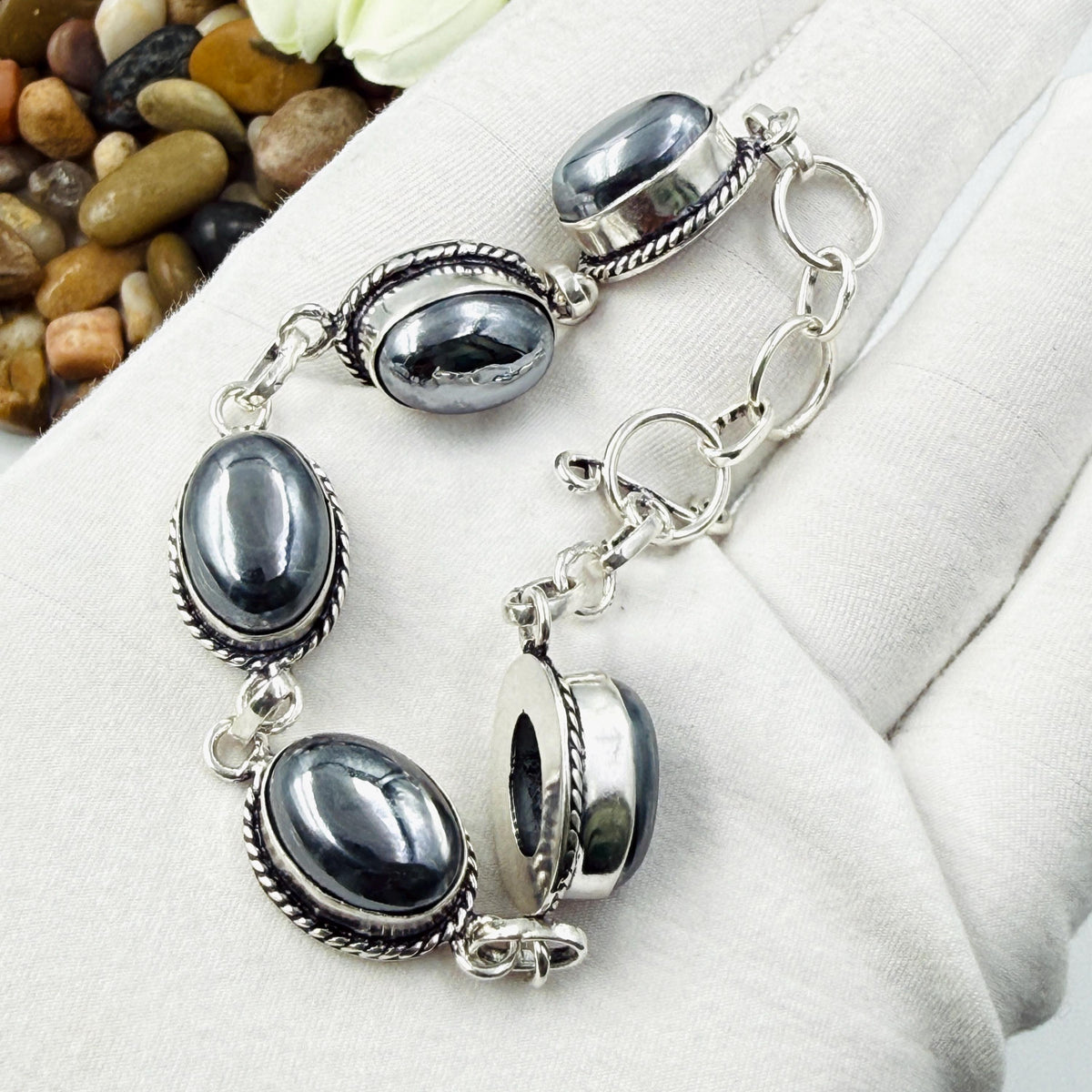 Handmade Shungite Bracelet | 925 Sterling Silver Oval Adjustable Bracelet