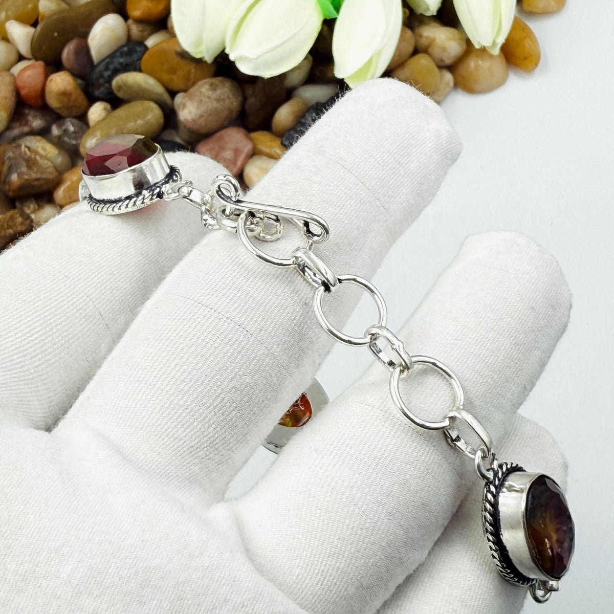 Handcrafted Faceted Ammolite Oval Bracelet: Sterling Silver 925 Adjustable Chain Gift For Her.
