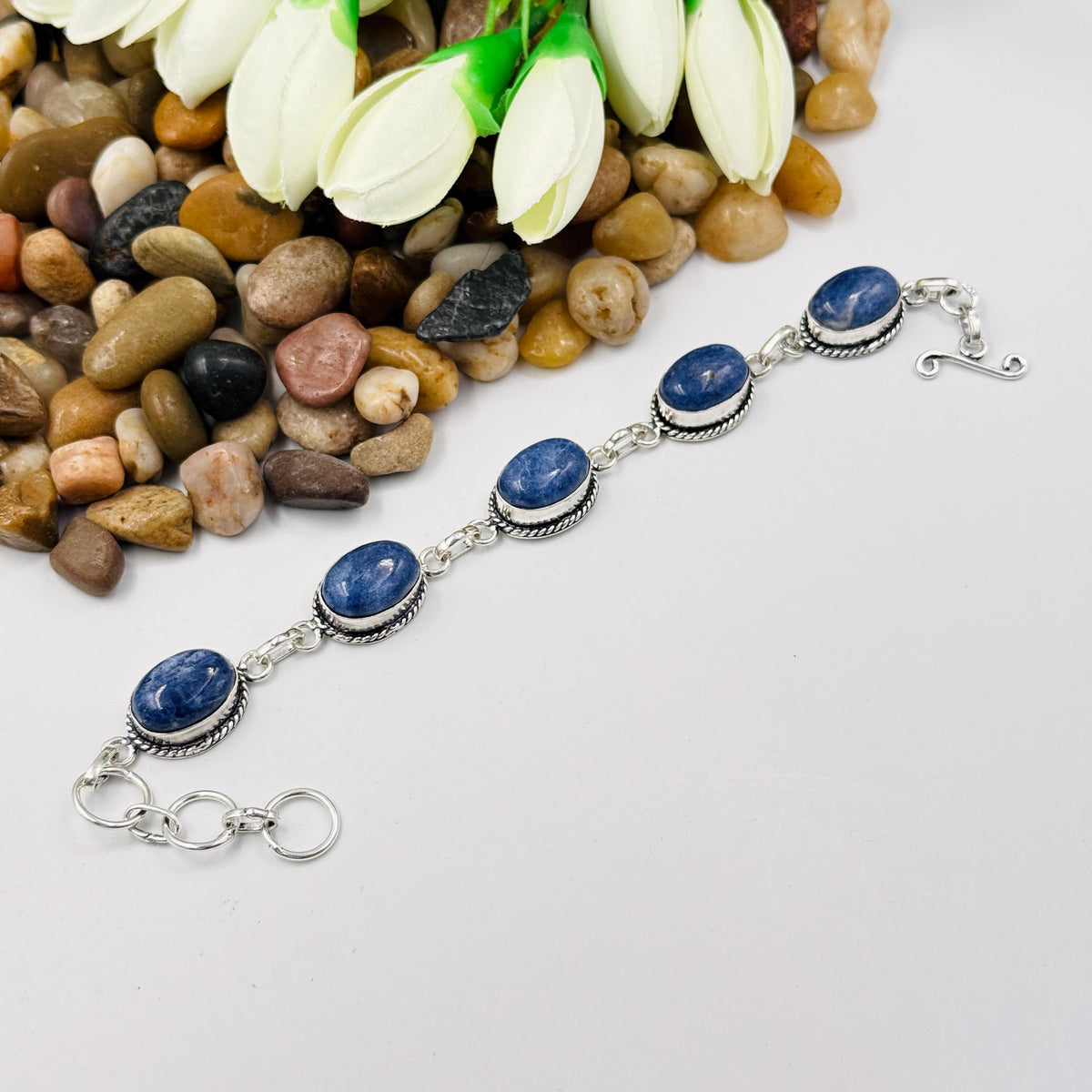 Handmade Sodalite Bracelet | 925 Sterling Silver Oval Adjustable Bracelet