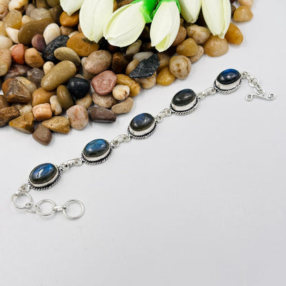 Handmade Blue Labradorite Bracelet | 925 Sterling Silver Oval Adjustable Bracelet