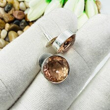 Handmade Faceted Morganite Stud Earrings Sterling 925 Silver Round Gemstone Earlobe Jewelry