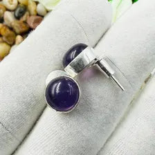 Handmade Amethyst Stud Earrings Sterling 925 Silver Round Gemstone Earlobe Jewelry