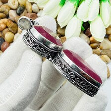 Handmade Faceted Kashmiri Ruby Sterling Silver Pendant, Vintage Style Jewelry.