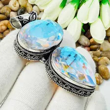 Handmade Faceted Mystic Fire Topaz Sterling Silver Pendant, Vintage Style Jewelry.