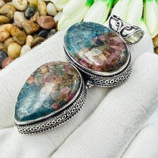 Handmade Copper Watermelon Tourmaline Sterling Silver Pendant, Vintage Style Jewelry.