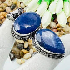 Handmade Faceted Kashmiri Blue Sapphire Sterling Silver Pendant, Vintage Style Jewelry.