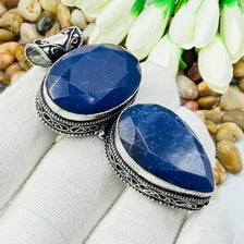 Handmade Faceted Kashmiri Blue Sapphire Sterling Silver Pendant, Vintage Style Jewelry.