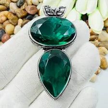 Handmade Faceted Chrome Diopside Sterling Silver Pendant, Vintage Style Jewelry.