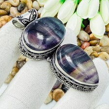 Handmade Multi Fluorite Sterling Silver Pendant, Vintage Style Jewelry.