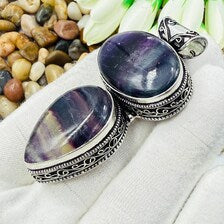 Handmade Multi Fluorite Sterling Silver Pendant, Vintage Style Jewelry.