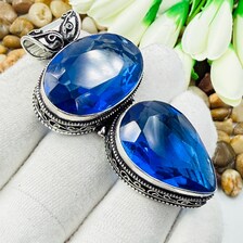 Handmade Faceted Blue Sapphire Sterling Silver Pendant, Vintage Style Jewelry.