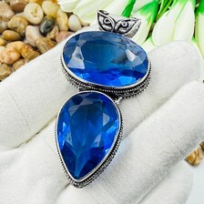 Handmade Faceted Blue Sapphire Sterling Silver Pendant, Vintage Style Jewelry.