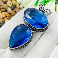 Handmade Faceted Blue Sapphire Sterling Silver Pendant, Vintage Style Jewelry.