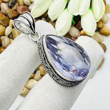 Faceted Swiss Blue Topaz Sterling Silver Pendant, Vintage Style Jewelry (33mm x 23mm)