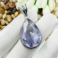 Faceted Swiss Blue Topaz Sterling Silver Pendant, Vintage Style Jewelry (33mm x 23mm)