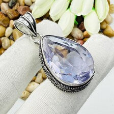 Faceted Swiss Blue Topaz Sterling Silver Pendant, Vintage Style Jewelry (33mm x 23mm)