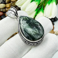 Seraphinite Sterling Silver Pendant, Vintage Style Jewelry.