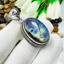 Multi Labradorite Sterling Silver Pendant, Vintage Style Jewelry.
