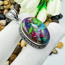 Handmade Multi Copper Turquoise Sterling Silver Pendant, Vintage Style Jewelry.