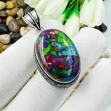 Handmade Multi Copper Turquoise Sterling Silver Pendant, Vintage Style Jewelry.