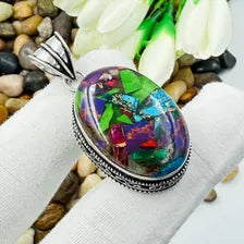 Handmade Multi Copper Turquoise Sterling Silver Pendant, Vintage Style Jewelry.