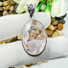 Handmade Faceted Rose Quartz Sterling Silver Pendant, Vintage Style Jewelry.