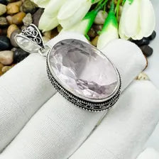 Handmade Faceted Rose Quartz Sterling Silver Pendant, Vintage Style Jewelry.