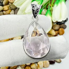 Handmade Faceted Rose Quartz Sterling Silver Pendant, Vintage Style Jewelry.