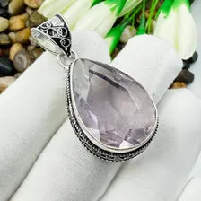 Handmade Faceted Rose Quartz Sterling Silver Pendant, Vintage Style Jewelry.