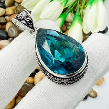 Handmade Faceted Indicolite Sterling Silver Pendant, Vintage Style Jewelry.