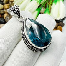 Handmade Faceted Indicolite Sterling Silver Pendant, Vintage Style Jewelry.