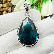 Handmade Faceted Indicolite Sterling Silver Pendant, Vintage Style Jewelry.