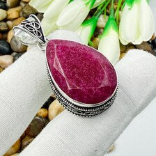 Handmade Faceted Kashmiri Ruby Sterling Silver Pendant, Vintage Style Jewelry.