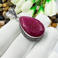 Handmade Faceted Kashmiri Ruby Sterling Silver Pendant, Vintage Style Jewelry.