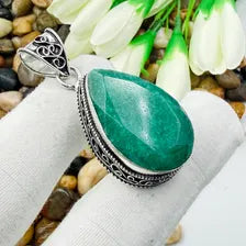 Handmade Emerald Sterling Silver Pendant, Vintage Style Jewelry.