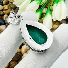Handmade Emerald Sterling Silver Pendant, Vintage Style Jewelry.