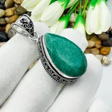 Handmade Emerald Sterling Silver Pendant, Vintage Style Jewelry.