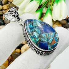 Handmade Multi Copper Turquoise Sterling Silver Pendant, Vintage Style Jewelry.