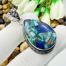 Handmade Multi Copper Turquoise Sterling Silver Pendant, Vintage Style Jewelry.