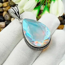 Handmade Faceted Mystic Fire Topaz Sterling Silver Pendant, Vintage Style Jewelry.