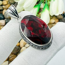 Handmade Faceted Garnet Sterling Silver Pendant, Vintage Style Jewelry.