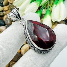 Handmade Faceted Garnet Sterling Silver Pendant, Vintage Style Jewelry.