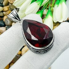 Handmade Faceted Garnet Sterling Silver Pendant, Vintage Style Jewelry.