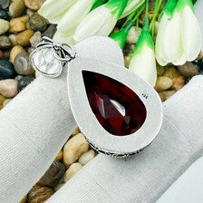 Handmade Faceted Garnet Sterling Silver Pendant, Vintage Style Jewelry.