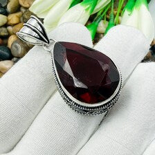 Handmade Faceted Garnet Sterling Silver Pendant, Vintage Style Jewelry.