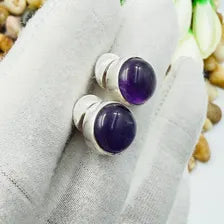 Handmade Amethyst Stud Earrings Sterling 925 Silver Round Gemstone Earlobe Jewelry