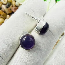 Handmade Amethyst Stud Earrings Sterling 925 Silver Round Gemstone Earlobe Jewelry