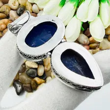 Handmade Faceted Kashmiri Blue Sapphire Sterling Silver Pendant, Vintage Style Jewelry.
